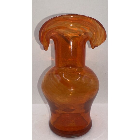 VTG Hand Blown Orange Swirl Art Glass Vase 7” Tall Ruffled Tulip Rim Style Decor - Picture 4 of 8